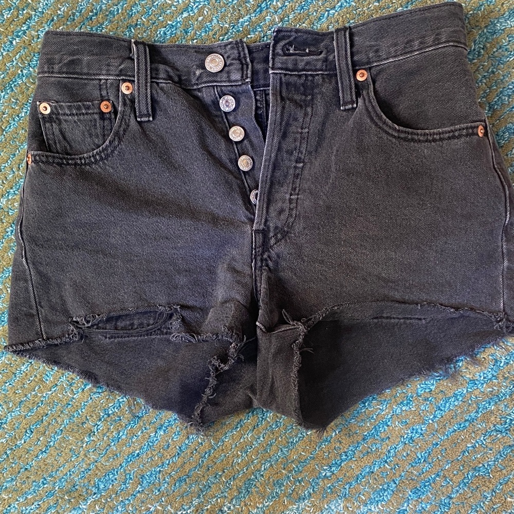Black High-Rise Levi Strauss Distressed Denim Shorts